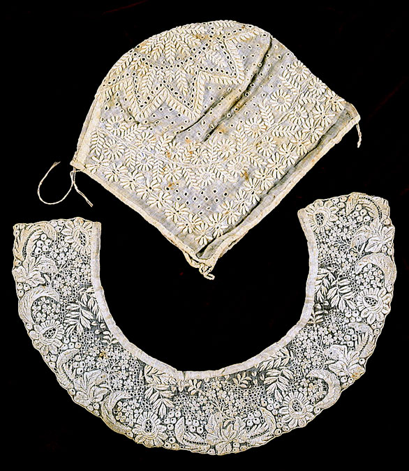 Photograph of lace cap and collar made by Antonia Ford Willard while in prison on charges of spying for the Confederate Army